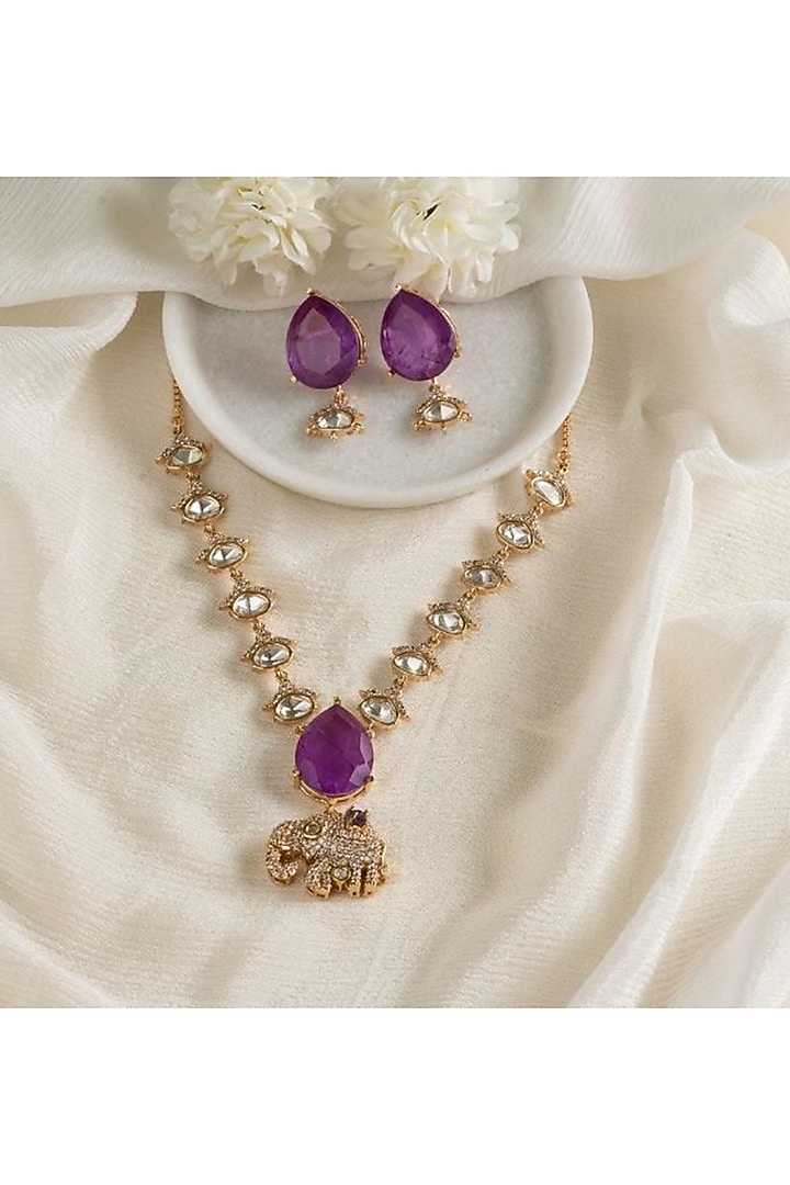 Gold Plated Purple Moissanite Stone Handcrafted Necklace Set by PUTSTYLE at Pernia's Pop Up Shop
