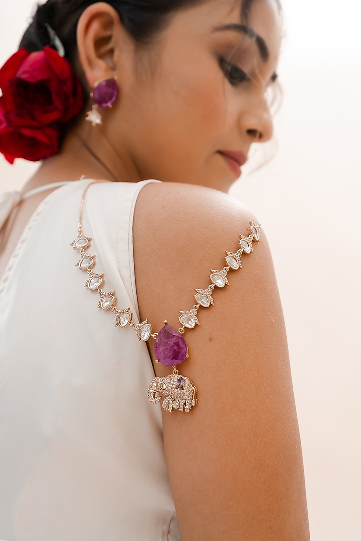 Gold Plated Purple Moissanite Stone Handcrafted Necklace Set by PUTSTYLE at Pernia's Pop Up Shop