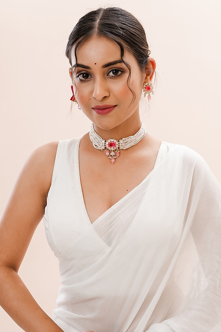 Gold Plated Kundan Polki Handcrafted Necklace Set by PUTSTYLE at Pernia's Pop Up Shop