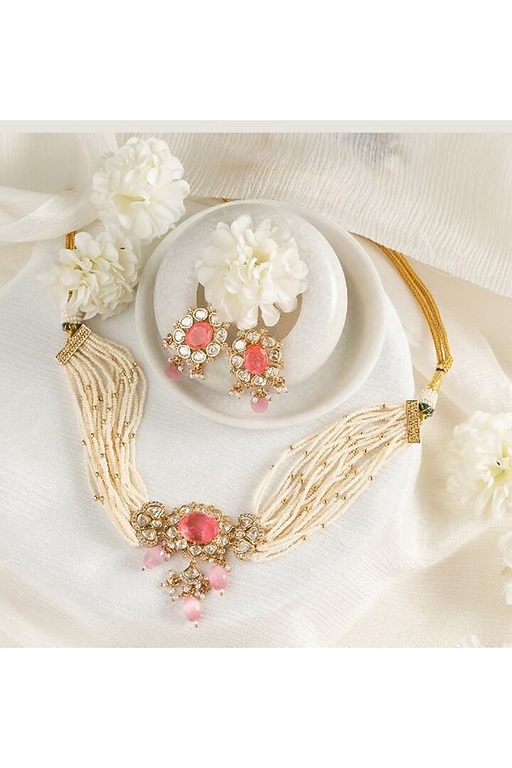 Gold Plated Kundan Polki Handcrafted Necklace Set by PUTSTYLE at Pernia's Pop Up Shop