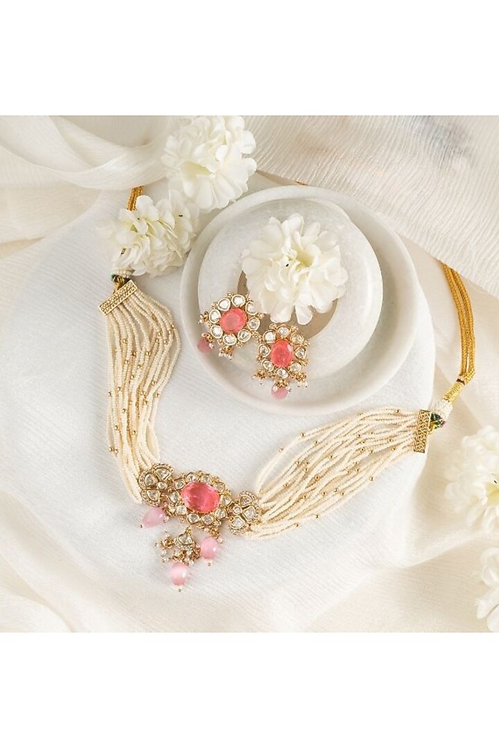 Gold Plated Kundan Polki Handcrafted Necklace Set by PUTSTYLE at Pernia's Pop Up Shop