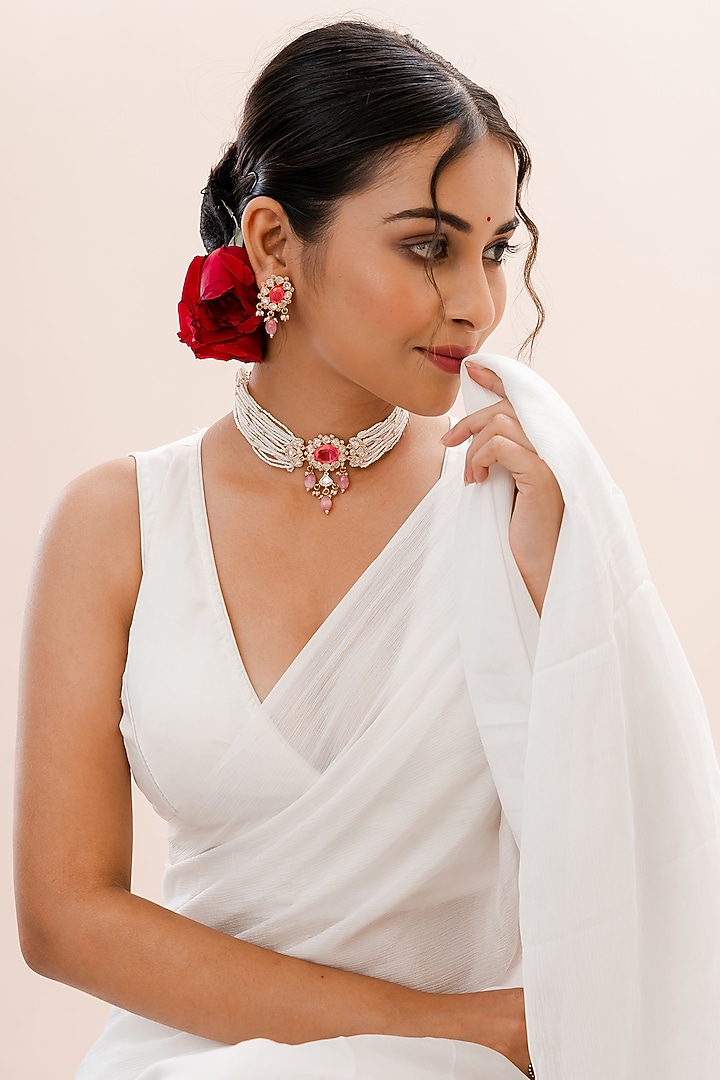 Gold Plated Kundan Polki Handcrafted Necklace Set by PUTSTYLE at Pernia's Pop Up Shop