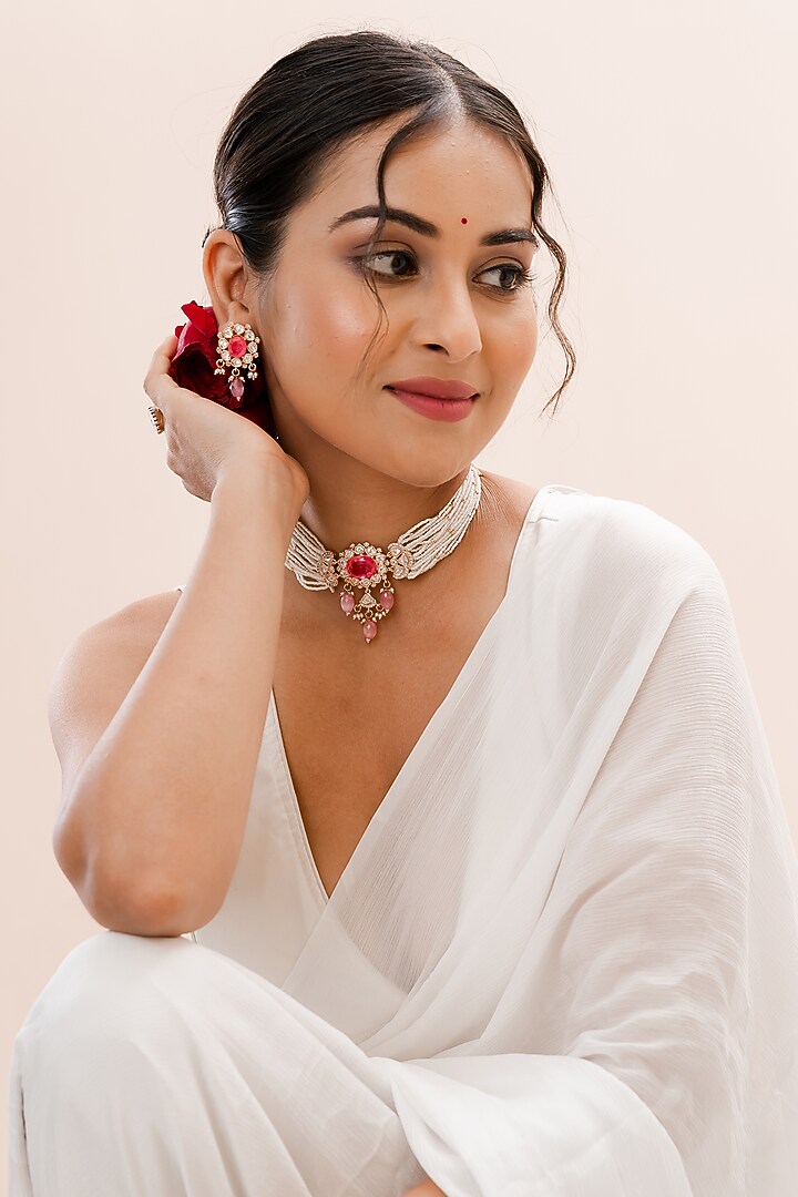 Gold Plated Kundan Polki Handcrafted Necklace Set by PUTSTYLE at Pernia's Pop Up Shop