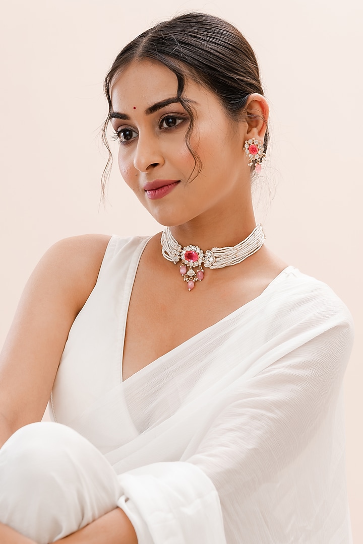Gold Plated Kundan Polki Handcrafted Necklace Set by PUTSTYLE at Pernia's Pop Up Shop