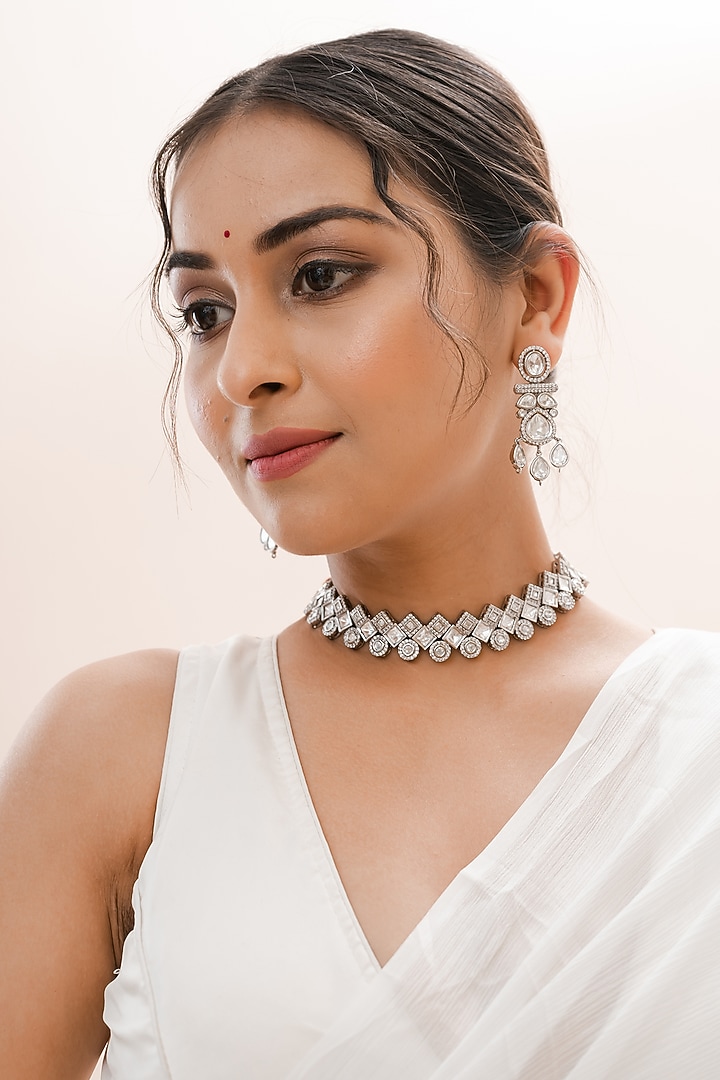 White Rhodium Finish Kundan Polki Handcrafted Necklace Set by PUTSTYLE at Pernia's Pop Up Shop