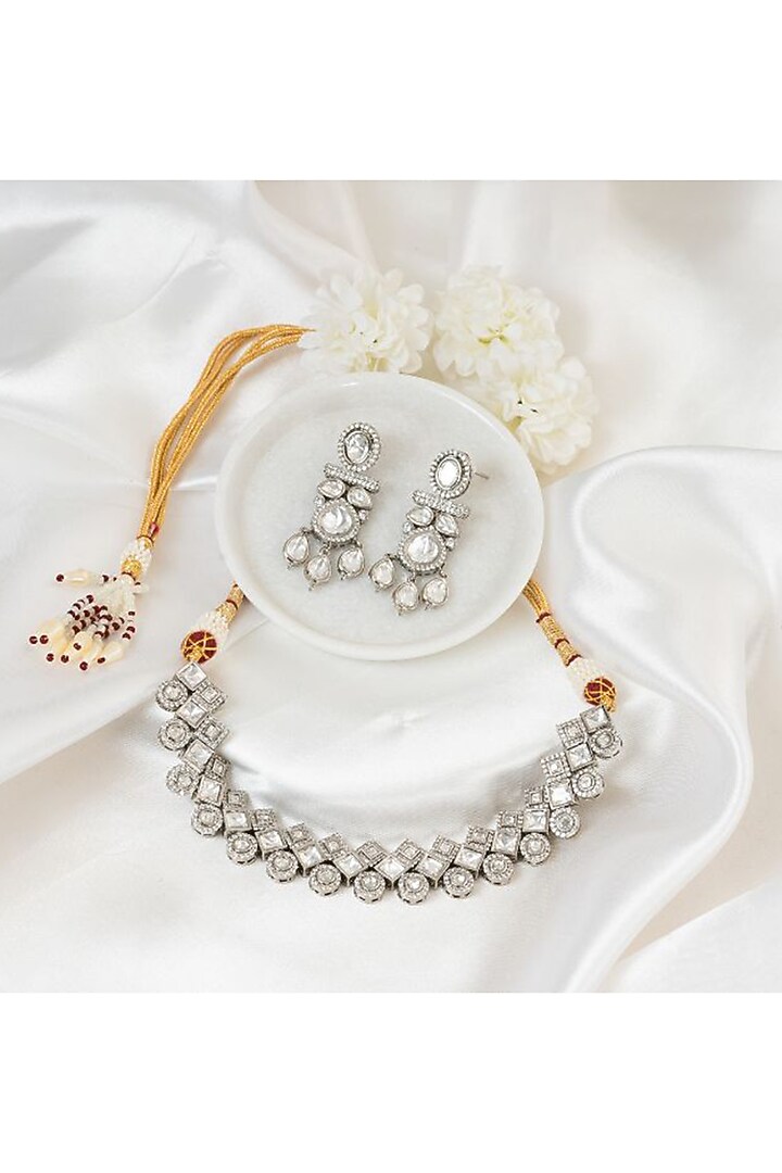 White Rhodium Finish Kundan Polki Handcrafted Necklace Set by PUTSTYLE at Pernia's Pop Up Shop