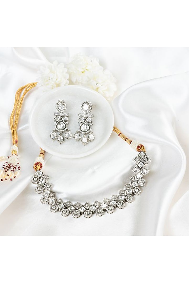 White Rhodium Finish Kundan Polki Handcrafted Necklace Set by PUTSTYLE at Pernia's Pop Up Shop