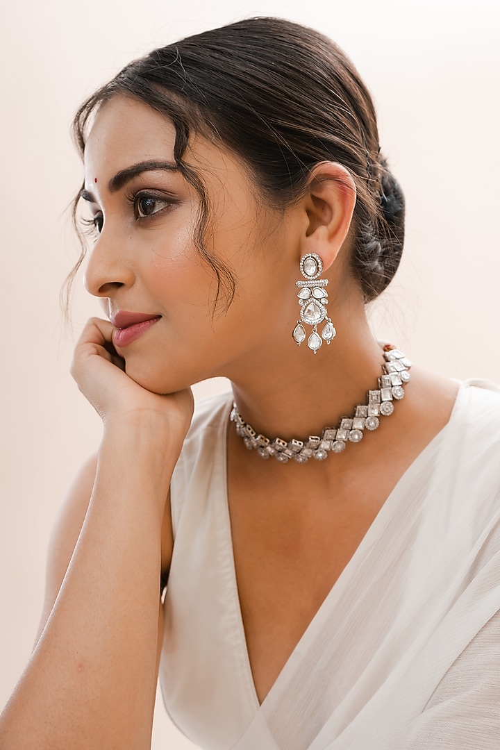 White Rhodium Finish Kundan Polki Handcrafted Necklace Set by PUTSTYLE at Pernia's Pop Up Shop