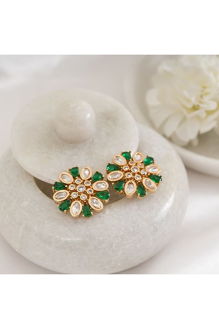 Gold Plated Green Kundan Polki Stud Earrings by PUTSTYLE at Pernia's Pop Up Shop