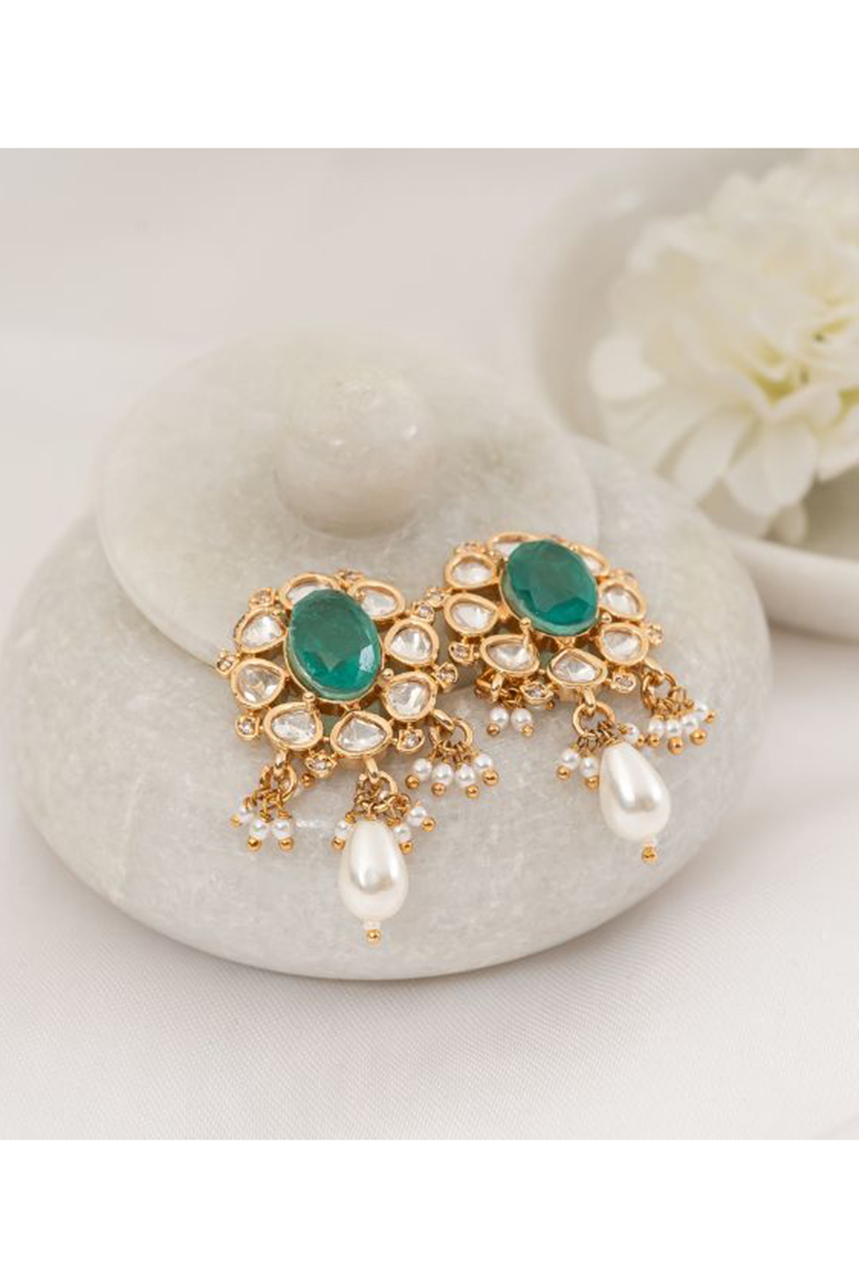 Gold Plated Green Kundan Polki Stud Earrings by PUTSTYLE at Pernia's Pop Up Shop