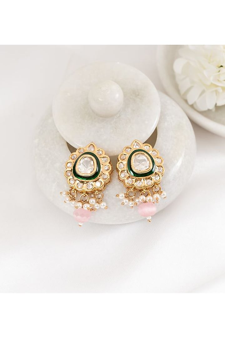 Gold Plated Kundan Polki Stud Earrings by PUTSTYLE at Pernia's Pop Up Shop