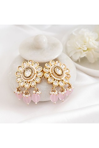 Gold Plated Pink Kundan Polki Stud Earrings by PUTSTYLE