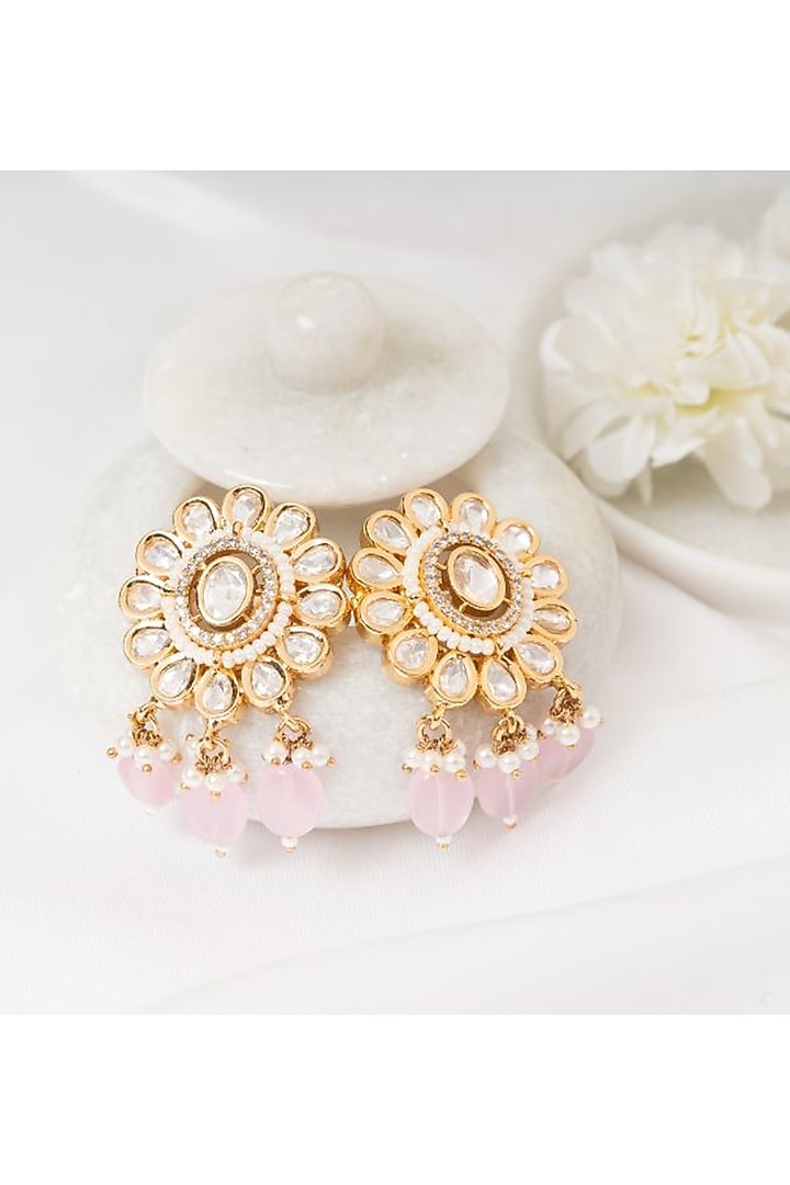 Gold Plated Pink Kundan Polki Stud Earrings by PUTSTYLE at Pernia's Pop Up Shop