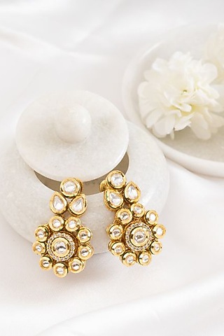 Gold Plated Kundan Polki Dangler Earrings by PUTSTYLE