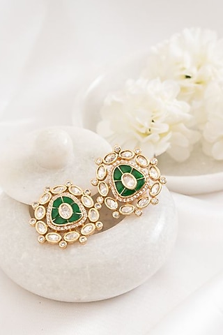 Gold Plated Green Kundan Polki Stud Earrings by PUTSTYLE