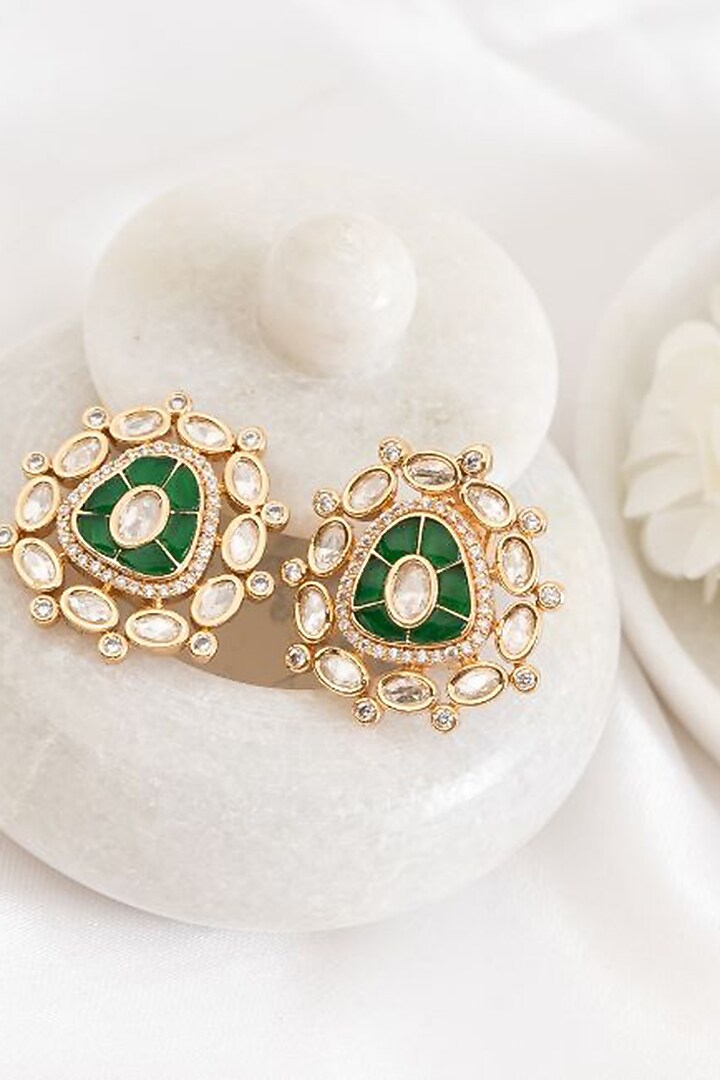 Gold Plated Green Kundan Polki Stud Earrings by PUTSTYLE at Pernia's Pop Up Shop