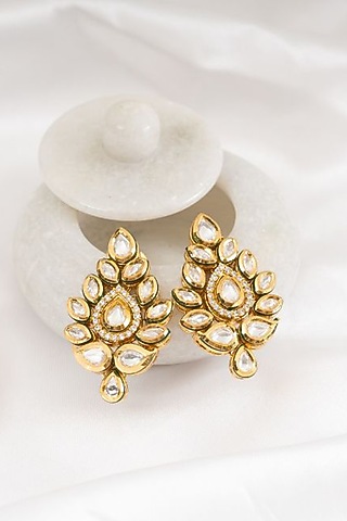 Gold Plated Kundan Polki Stud Earrings by PUTSTYLE