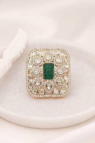 Gold Plated Green Kundan Polki Handcrafted Adjustable Ring by PUTSTYLE