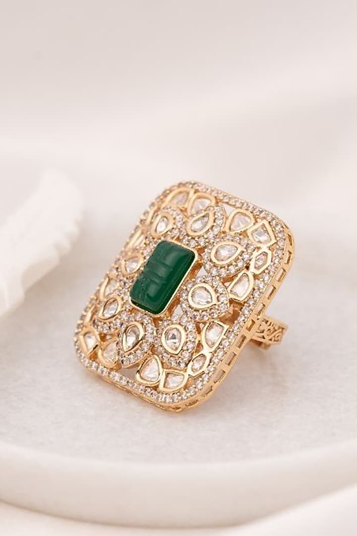 Gold Plated Green Kundan Polki Handcrafted Adjustable Ring by PUTSTYLE at Pernia's Pop Up Shop