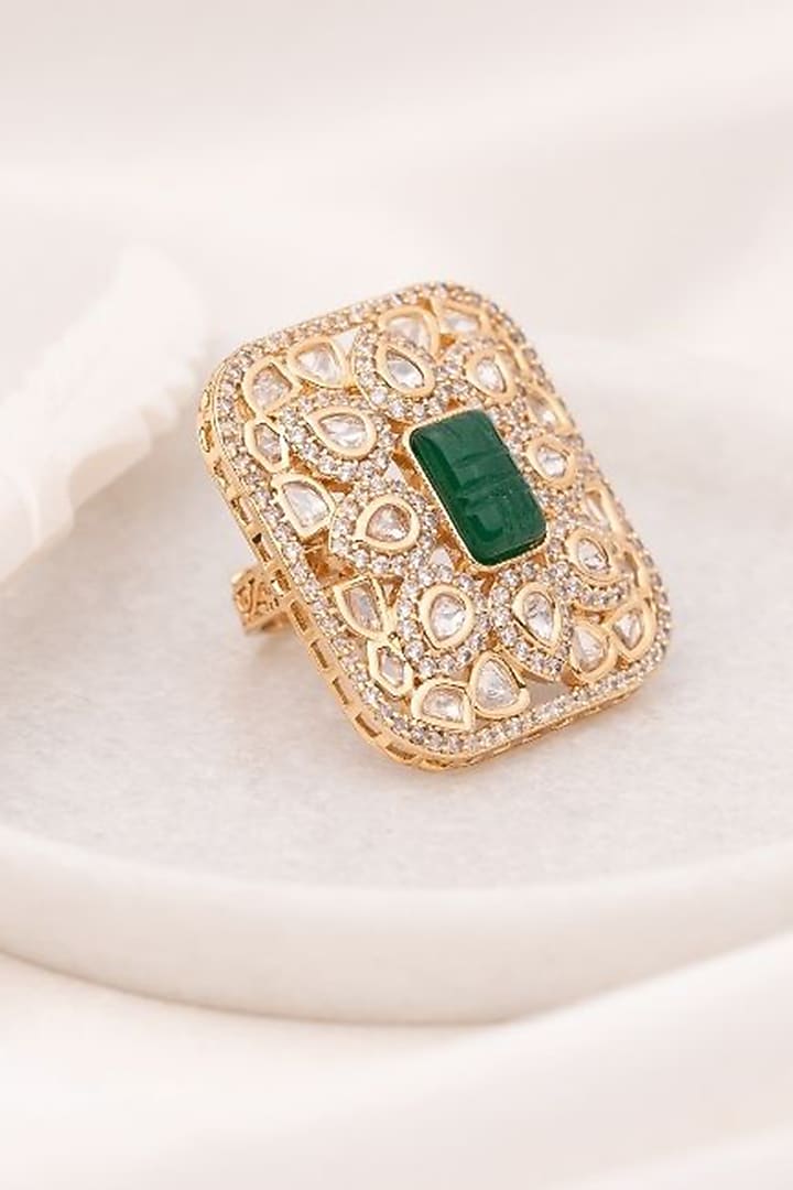 Gold Plated Green Kundan Polki Handcrafted Adjustable Ring by PUTSTYLE at Pernia's Pop Up Shop