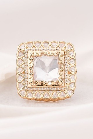 Gold Plated Square Kundan Polki Handcrafted Adjustable Ring by PUTSTYLE