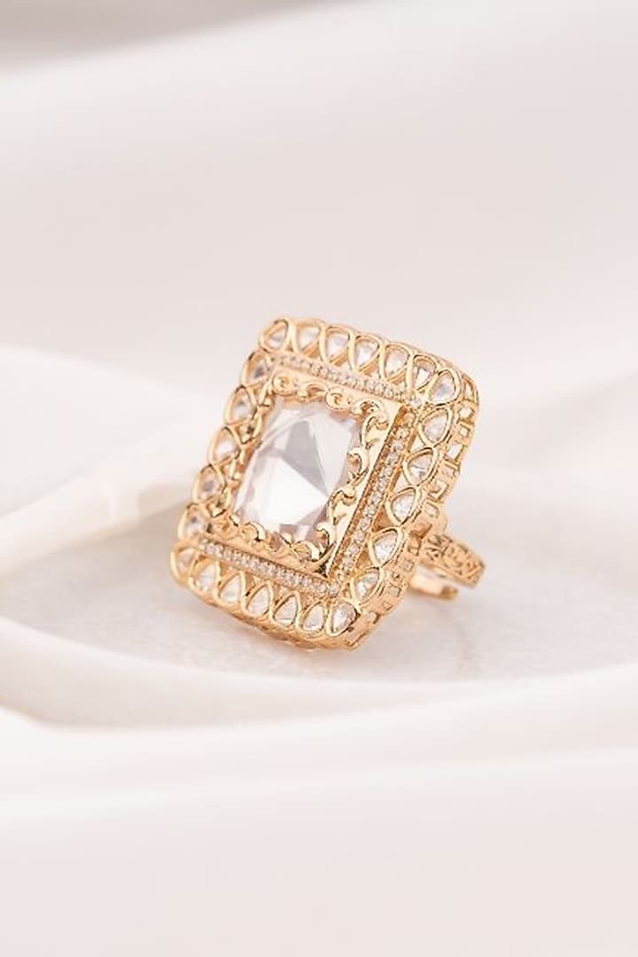 Gold Plated Square Kundan Polki Handcrafted Adjustable Ring by PUTSTYLE at Pernia's Pop Up Shop