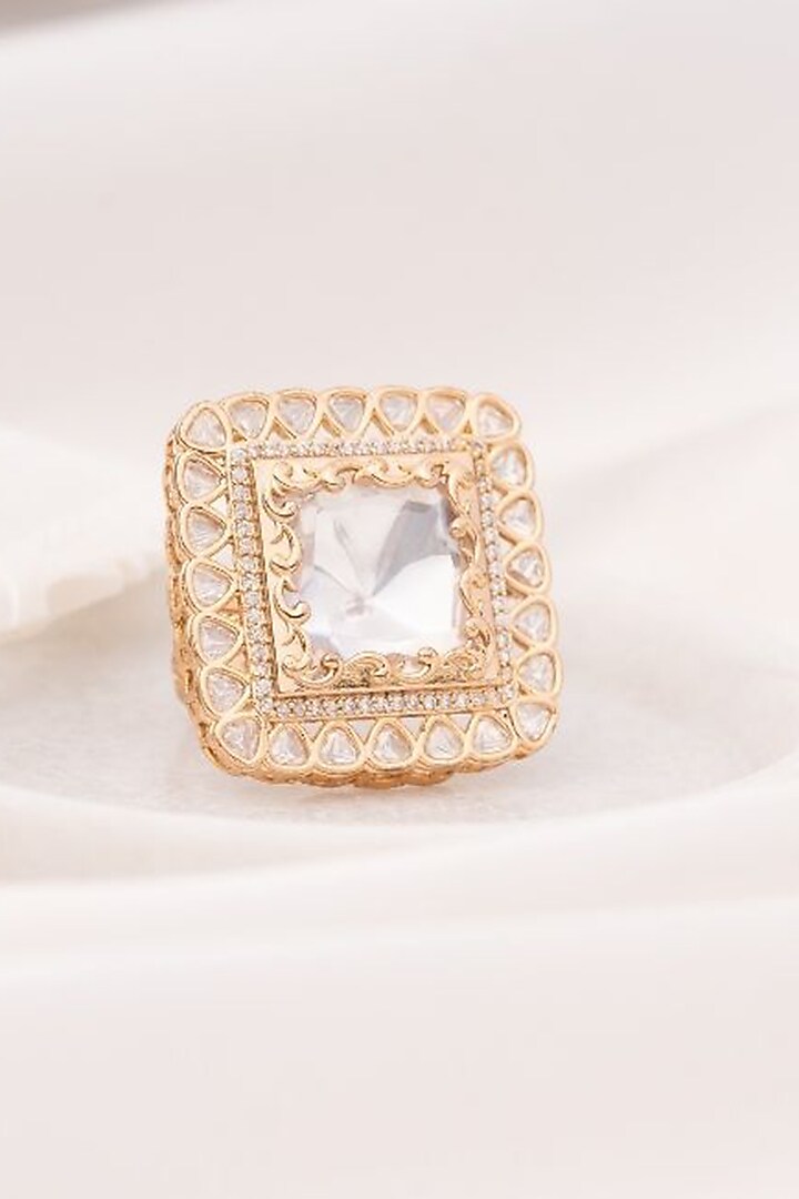 Gold Plated Square Kundan Polki Handcrafted Adjustable Ring by PUTSTYLE at Pernia's Pop Up Shop
