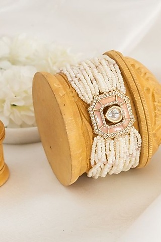 Gold Plated Kundan Polki & Pink Mother Of Pearl Adjustable Bracelet by PUTSTYLE