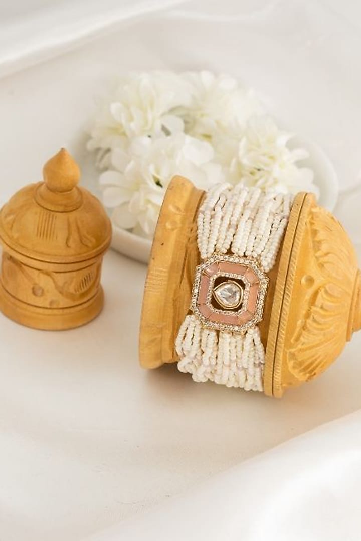 Gold Plated Kundan Polki & Pink Mother Of Pearl Adjustable Bracelet by PUTSTYLE at Pernia's Pop Up Shop