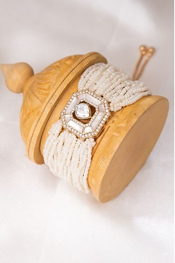 Gold Plated Kundan Polki & Mother Of Pearl Adjustable Bracelet by PUTSTYLE at Pernia's Pop Up Shop