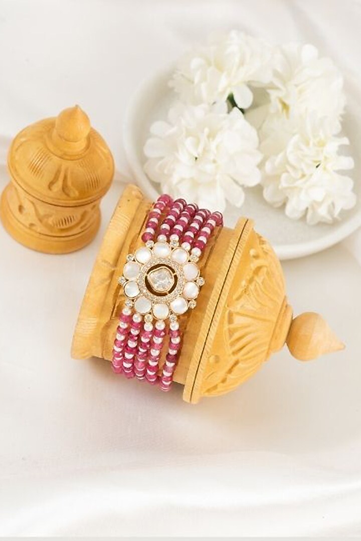Gold Plated Kundan Polki Motif & Red Pearl Adjustable Bracelet by PUTSTYLE at Pernia's Pop Up Shop