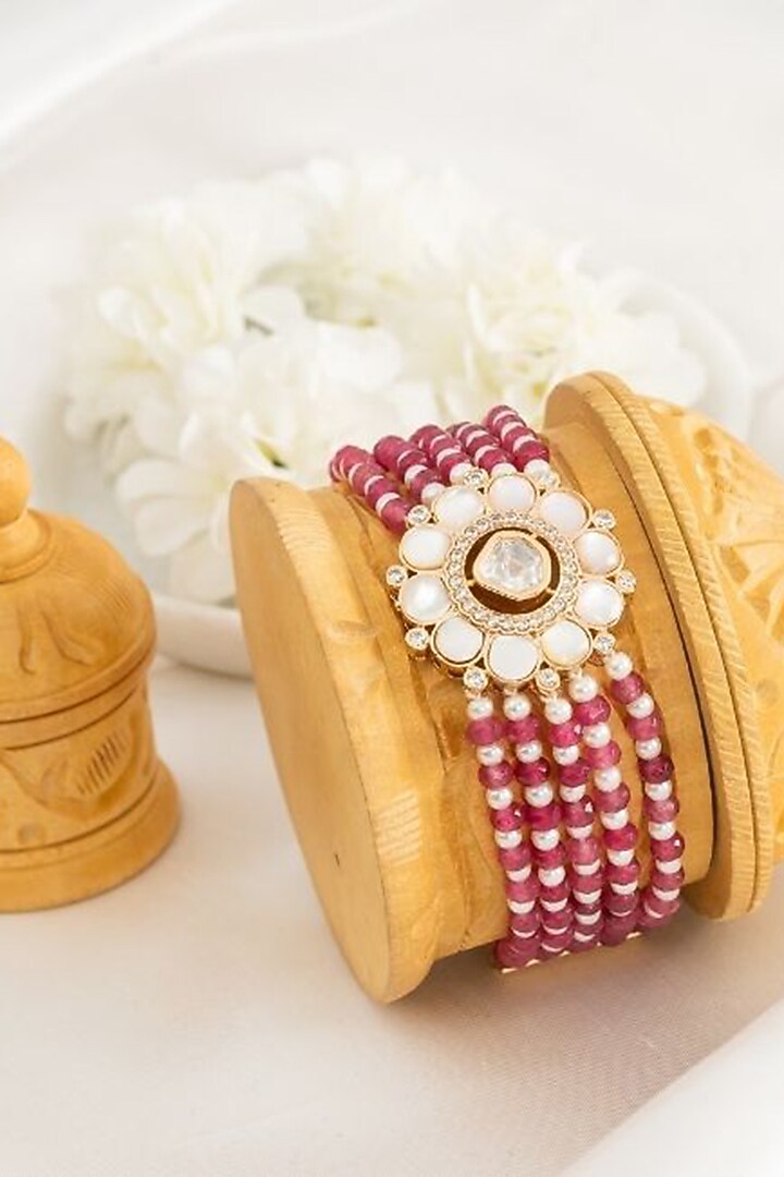 Gold Plated Kundan Polki Motif & Red Pearl Adjustable Bracelet by PUTSTYLE at Pernia's Pop Up Shop