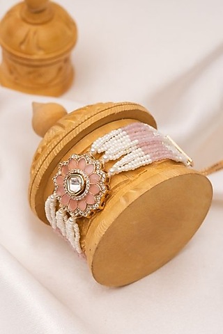 Gold Plated Kundan Polki Motif & Pink Pearl Adjustable Bracelet by PUTSTYLE