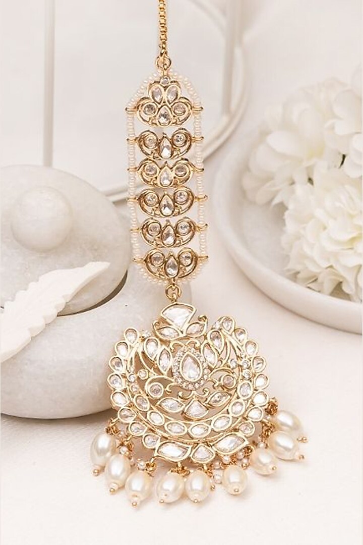 Gold Plated Kundan Polki & Pearl Handcrafted Maangtikka by PUTSTYLE at Pernia's Pop Up Shop