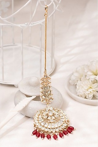 Gold Plated Kundan Polki & Maroon Stone Handcrafted Maangtikka by PUTSTYLE