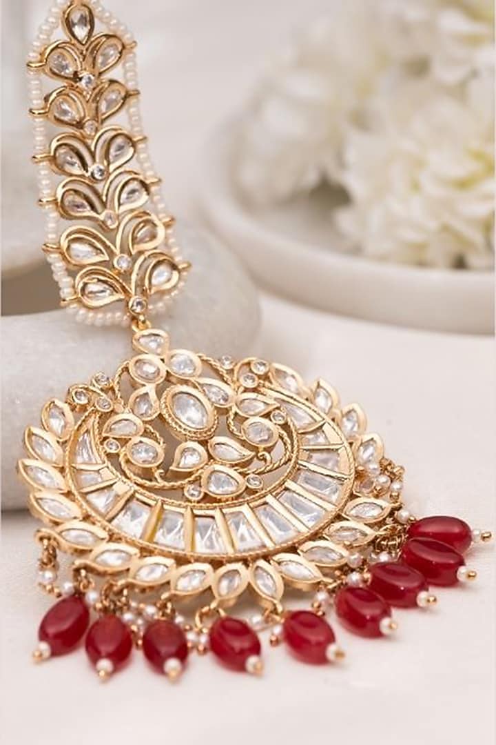 Gold Plated Kundan Polki & Maroon Stone Handcrafted Maangtikka by PUTSTYLE at Pernia's Pop Up Shop