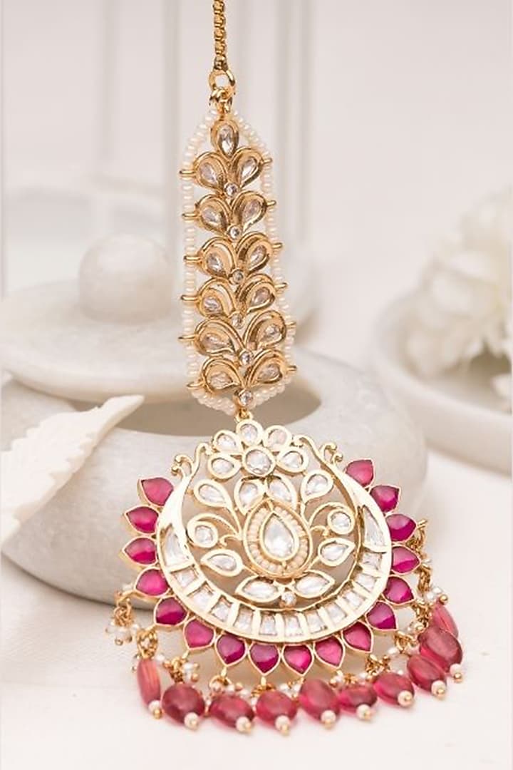 Gold Plated Pink Kundan Polki Handcrafted Maangtikka by PUTSTYLE at Pernia's Pop Up Shop