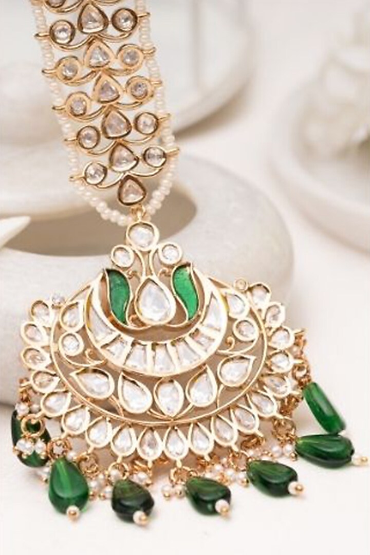 Gold Plated Green Kundan Polki Handcrafted Maangtikka by PUTSTYLE at Pernia's Pop Up Shop