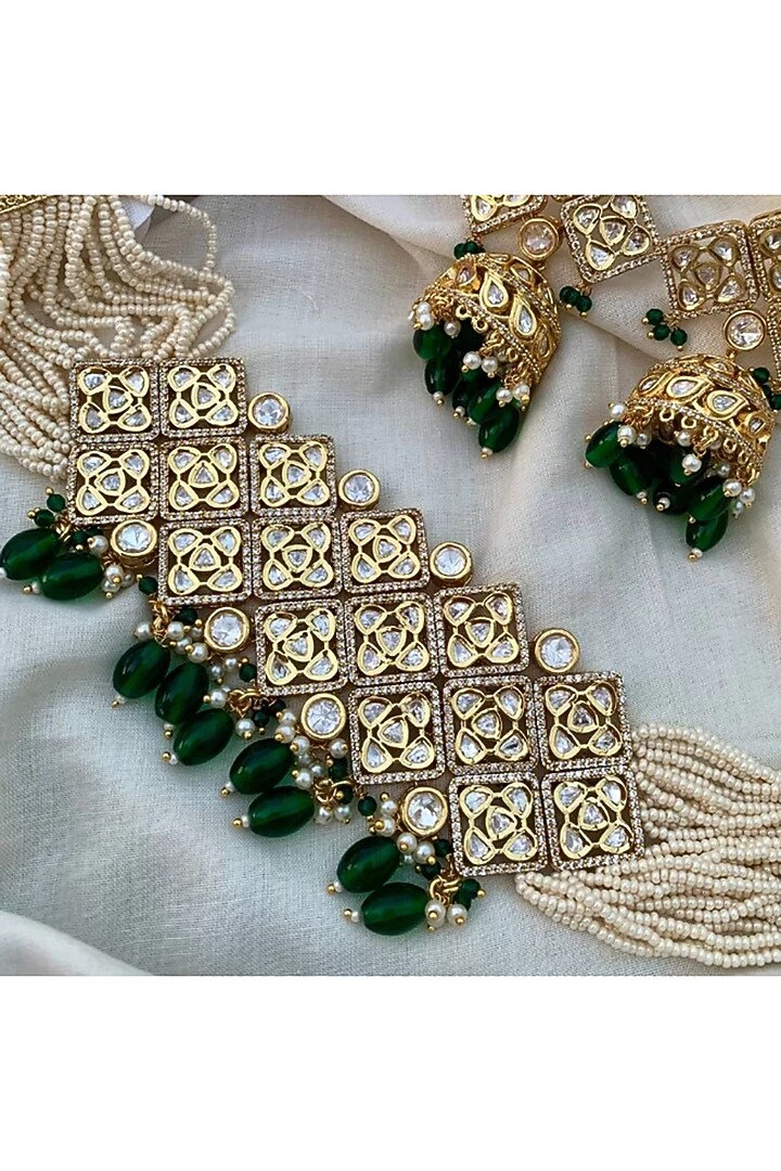 Gold Finish Kudan Polki & Jadau Choker Necklace Set by PUTSTYLE at Pernia's Pop Up Shop