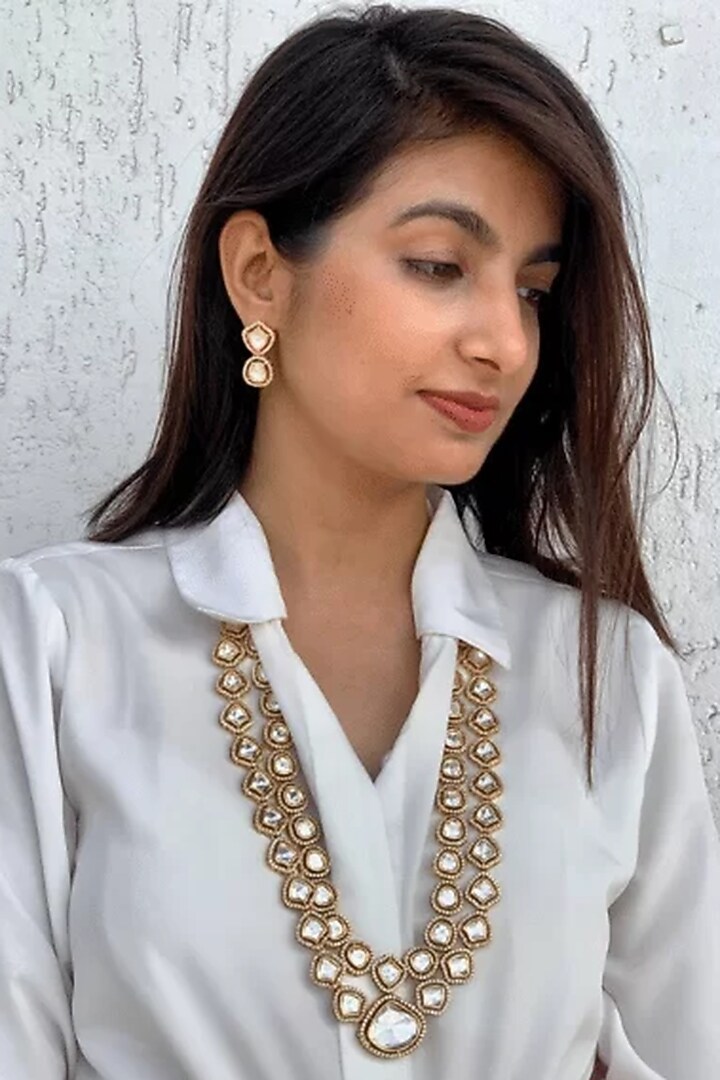 Gold Finish Kundan Polki Necklace Set by PUTSTYLE at Pernia's Pop Up Shop