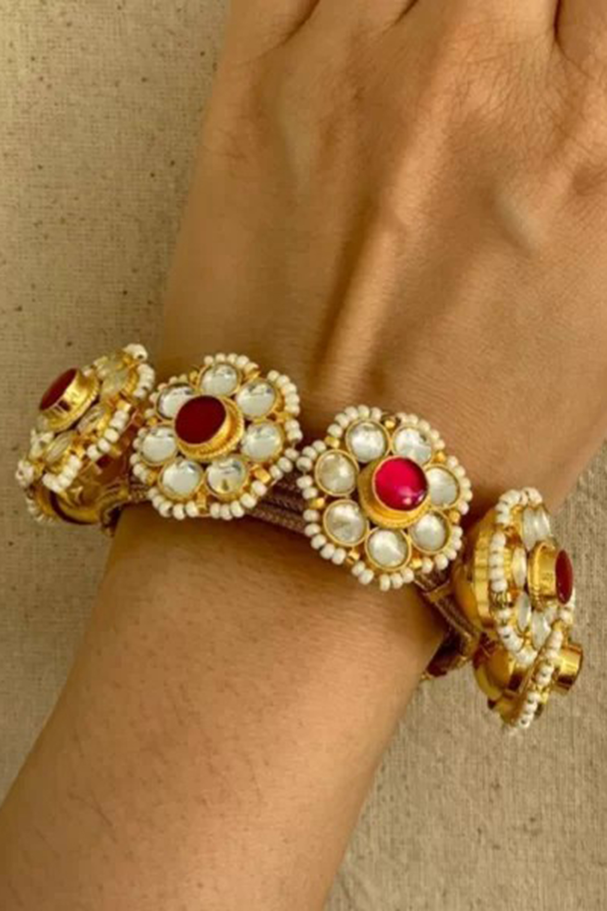 Gold Finish Ruby & Pachi Kundan Bangle by PUTSTYLE at Pernia's Pop Up Shop
