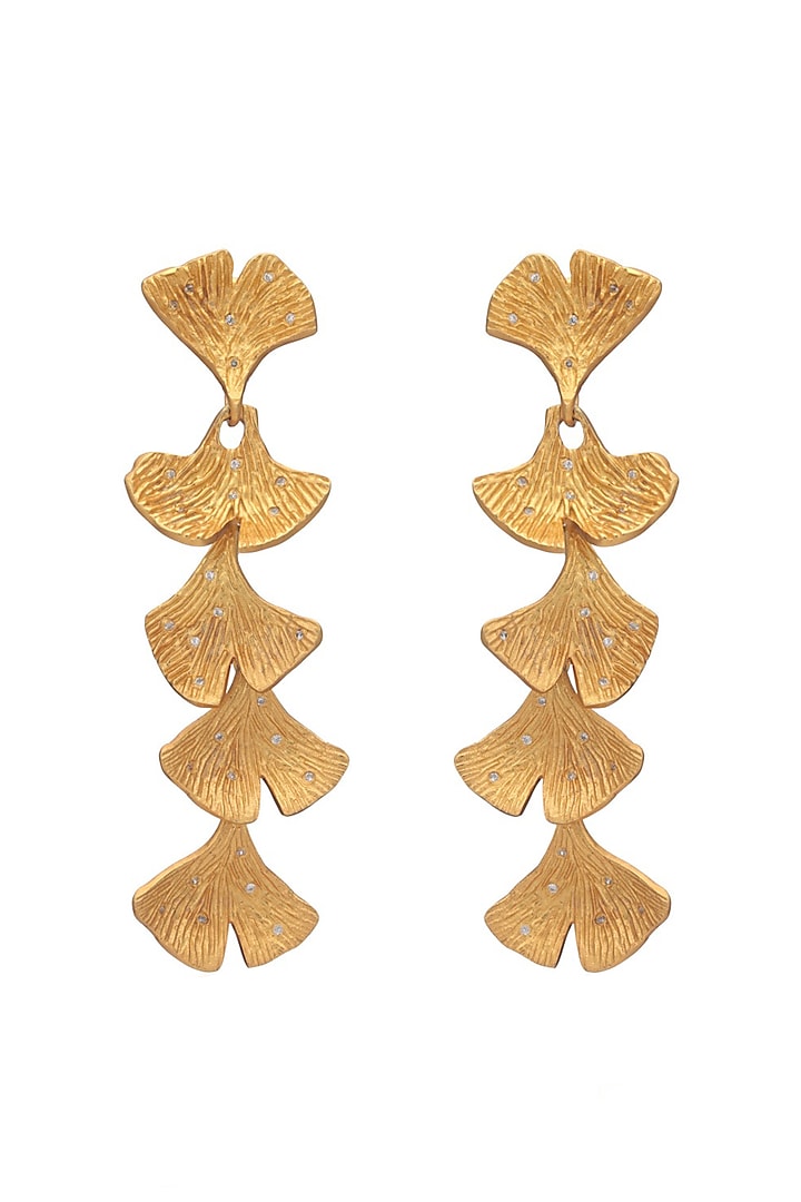 Gold Finish Fan-Shaped Leaf Dangler Earrings by PUTSTYLE