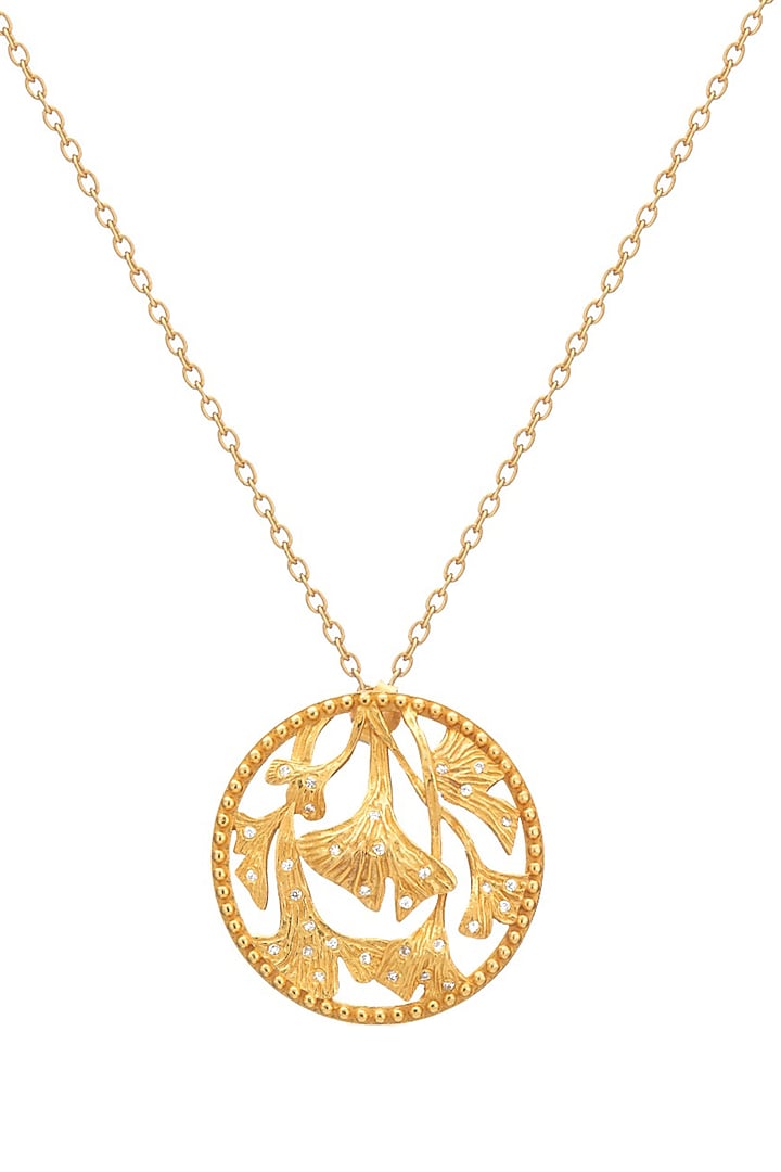 Gold Finish Ginkgo Motif Round Pendant Necklace by PUTSTYLE