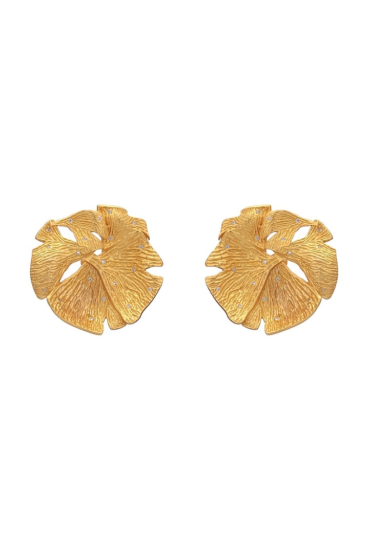 Gold Finish Ginkgo Leaf Motif Stud Earrings by PUTSTYLE