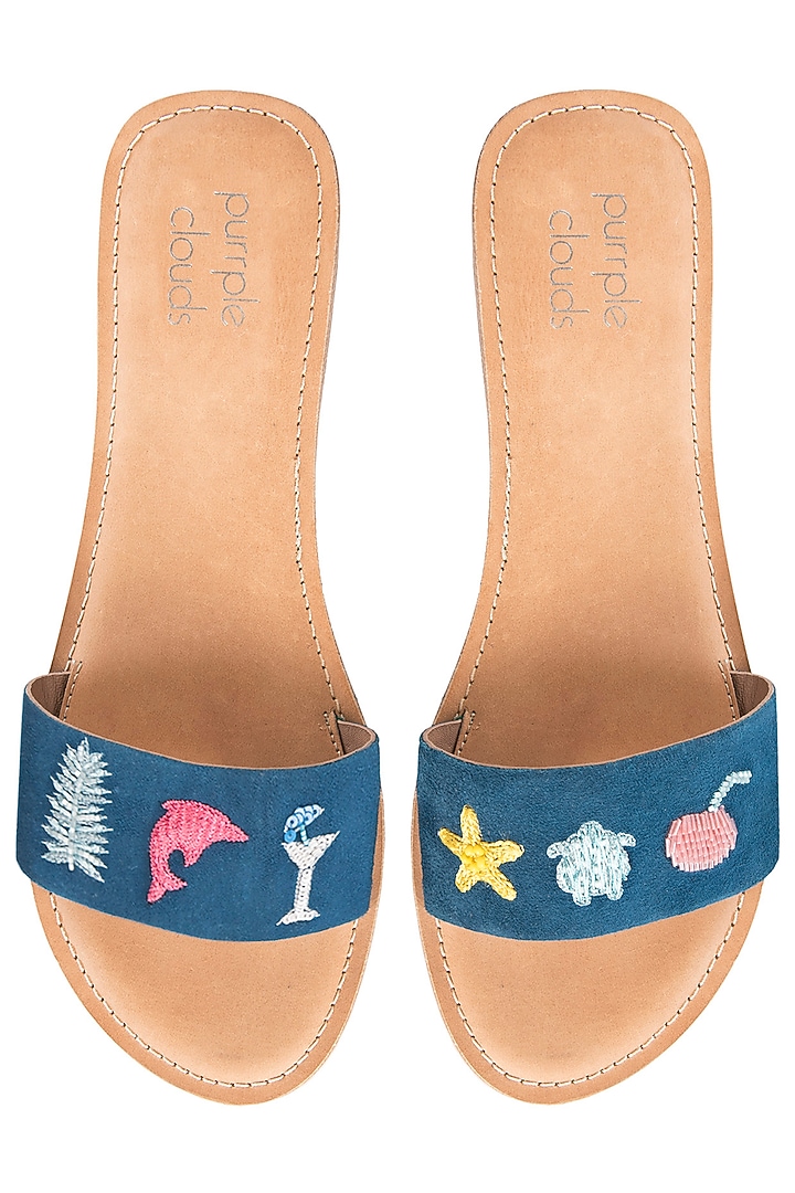 Blue embroidered sliders by PURRPLE CLOUDS at Pernia's Pop Up Shop