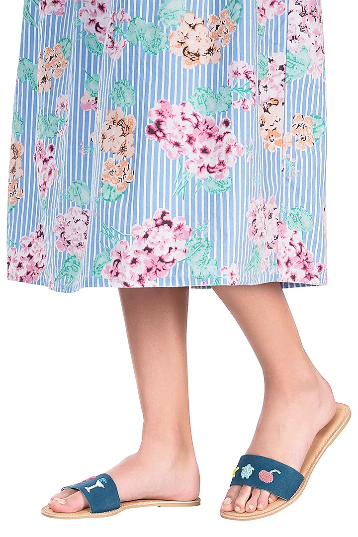 Blue embroidered sliders by PURRPLE CLOUDS at Pernia's Pop Up Shop