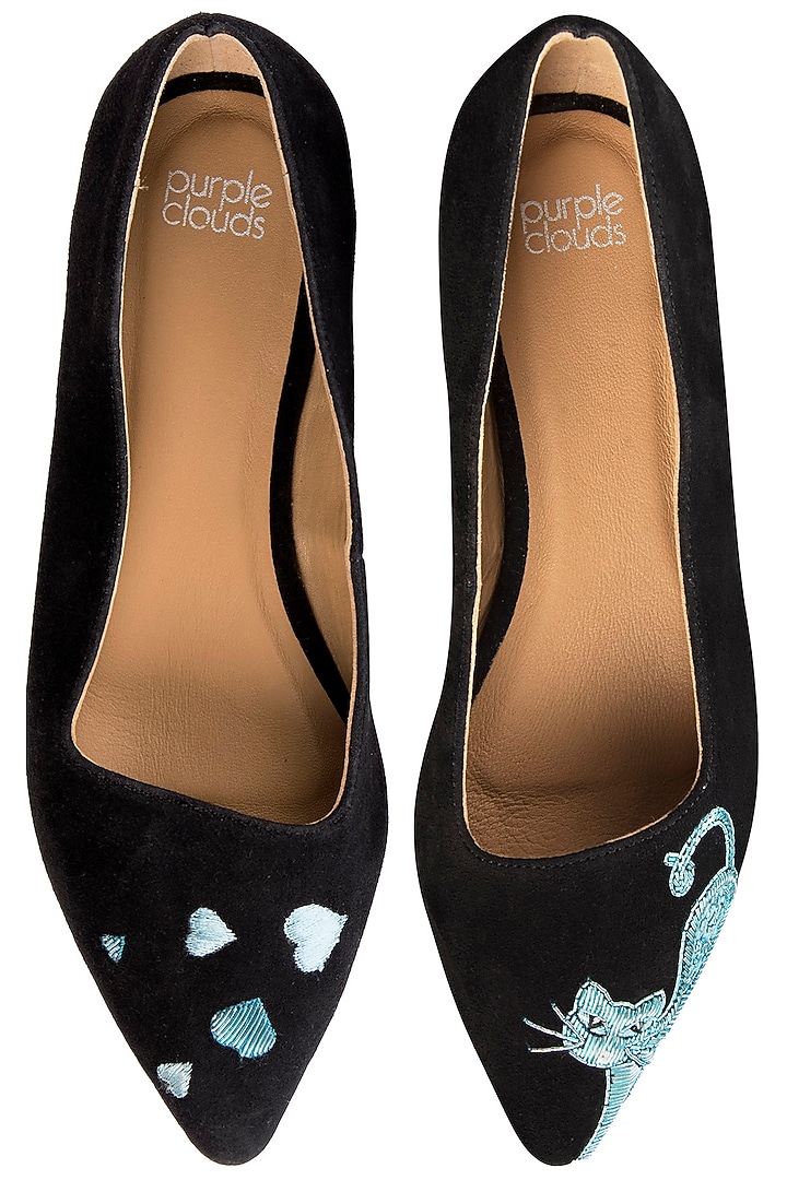 Black and blue embroidered ballet flats by PURRPLE CLOUDS at Pernia's Pop Up Shop