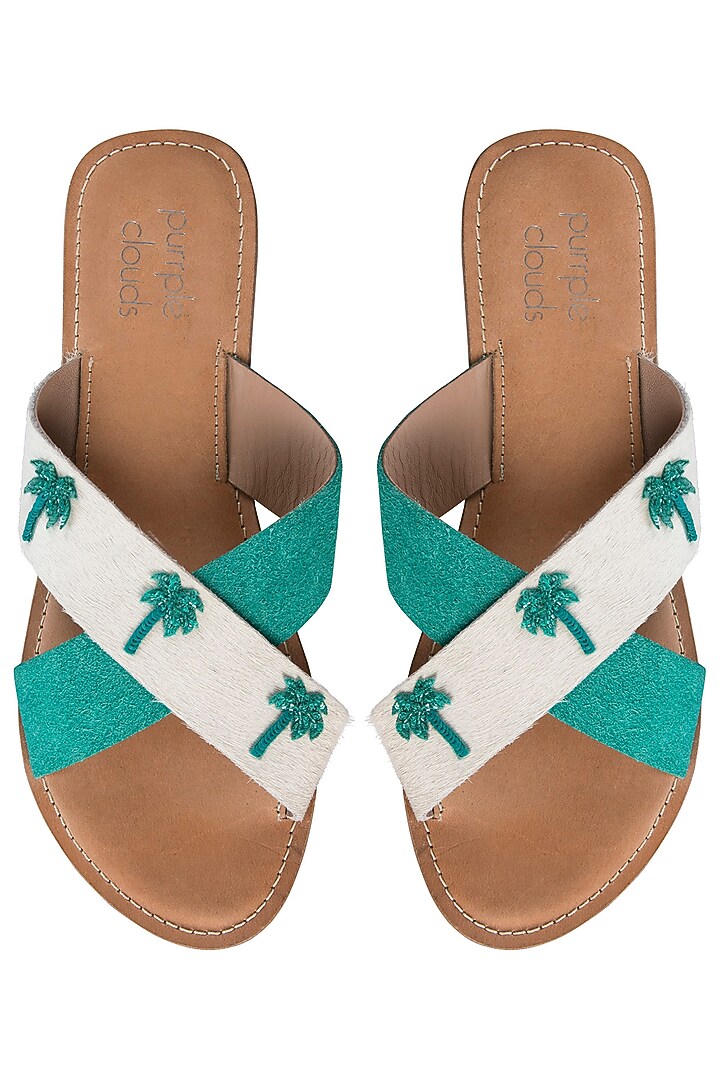 White and green palm tree cross straps sliders by PURRPLE CLOUDS at Pernia's Pop Up Shop