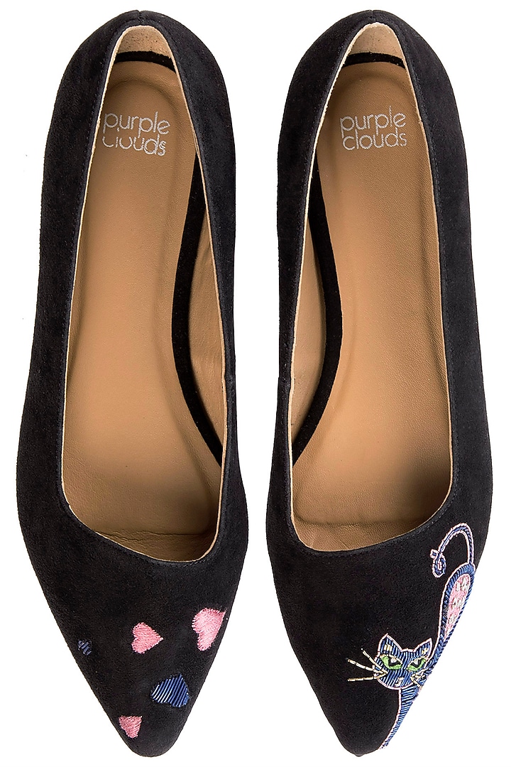 Black and pink embroidered ballet flats by PURRPLE CLOUDS at Pernia's Pop Up Shop