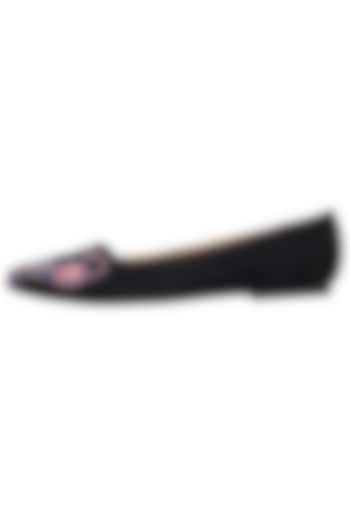 Black and pink embroidered ballet flats by PURRPLE CLOUDS at Pernia's Pop Up Shop